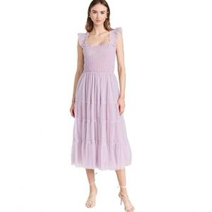 o.p.t Calypso Dress Size XL Lilac Smocked Bodice Pockets Tiered Ruffle Mesh Midi